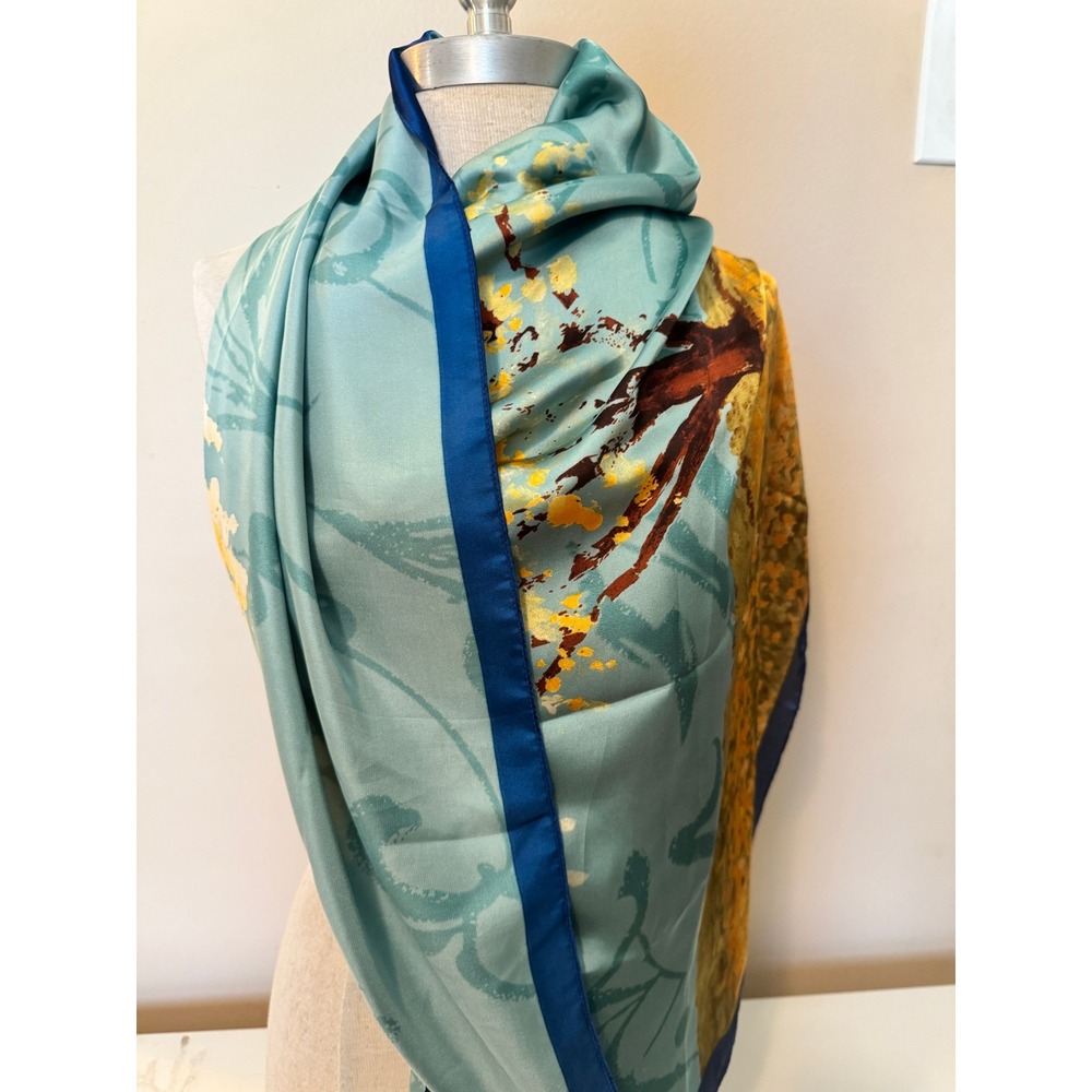 Blue Gold Yellow Tree Landscape Print Silk Feel Large Square Scarf Wrap
